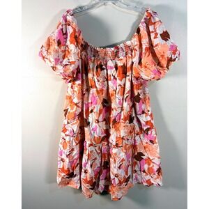 GeeGee Pink Orange Floral Smocked Puff Sleeve Tiered Mini Dress 2XL